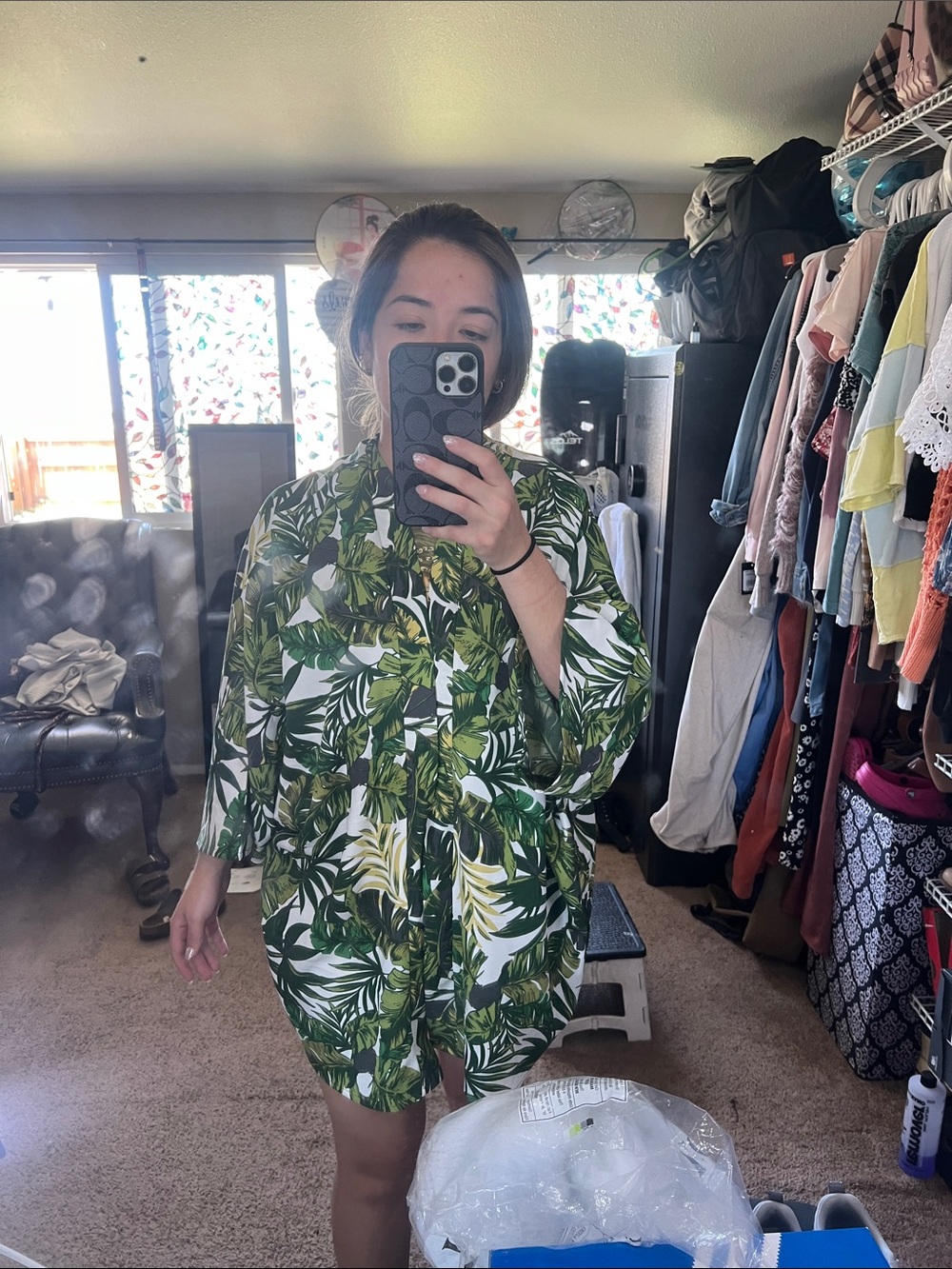 Guess Green and White Tropical Leaf Button-Up Tunic